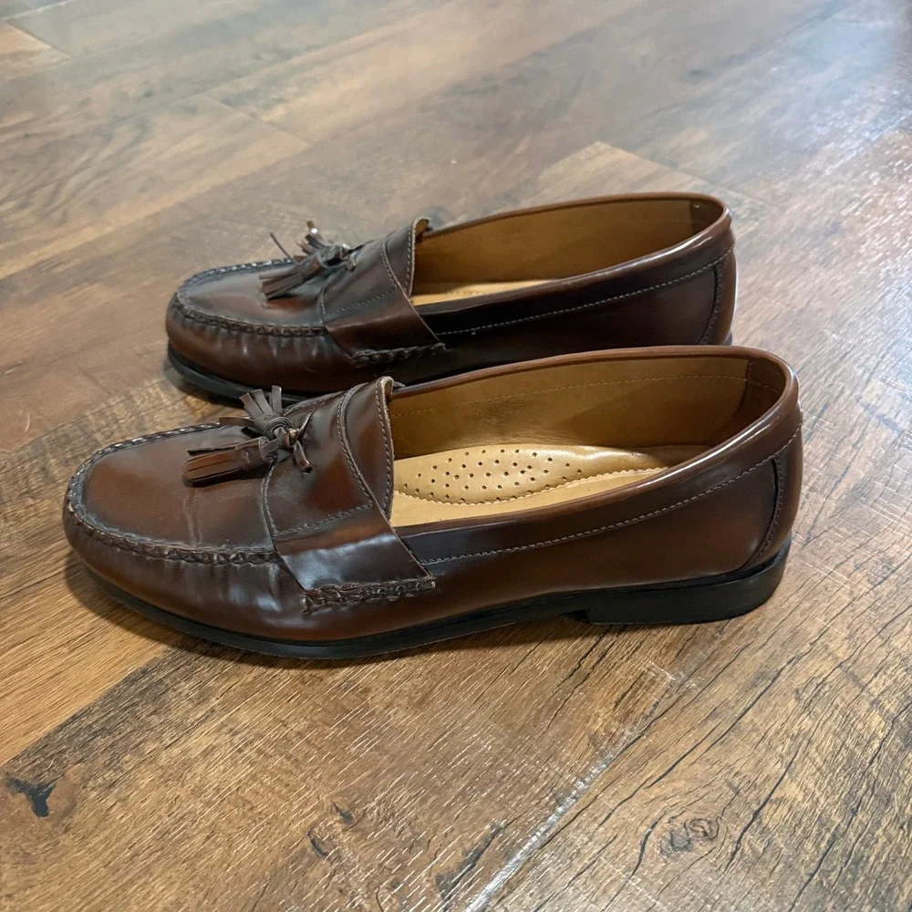 Johnston and Murphy Mens Tassel Loafers Brown Leather Sheepskin Dress Shoes 11
